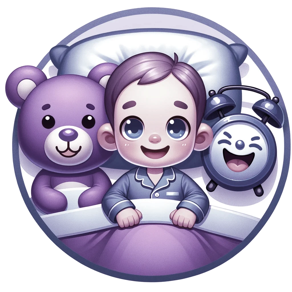 Une illustration cartoon ronde représentant un jeune garçon en pyjama bleu, allongé dans son lit avec des draps violets recouvrant ses jambes. À sa droite se trouve un ours en peluche violet souriant, et à sa gauche un réveil anthropomorphe bleu avec des cloches noires, riant joyeusement. L'arrière-plan de l'image est blanc et les couleurs sont dans des tons pastels.